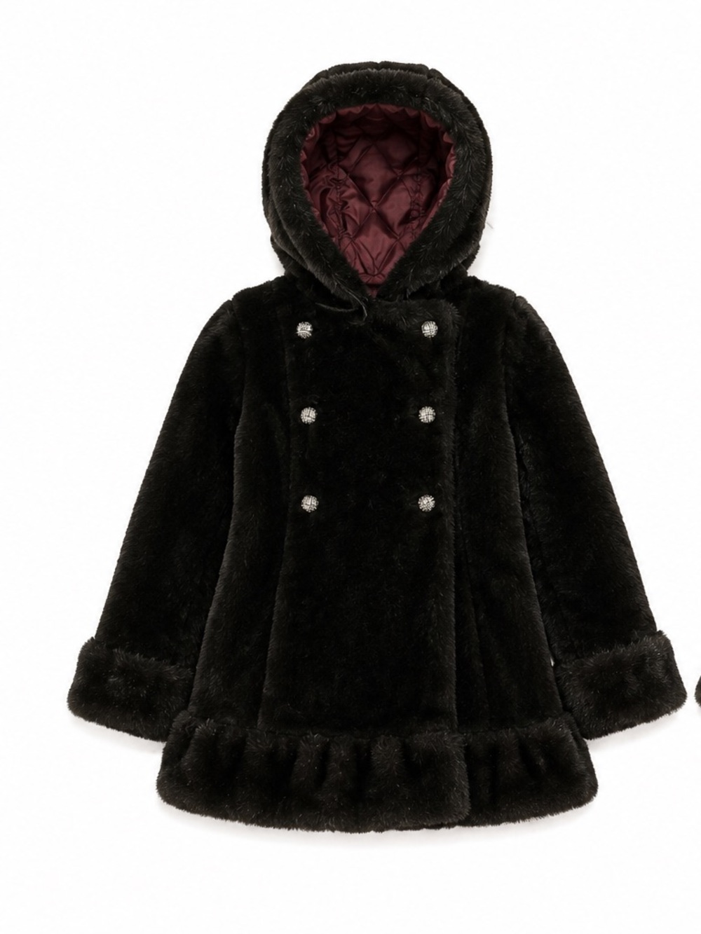 Vintage Faux Fur Hooded Coat in Dark Brown with Double Breasted Buttons